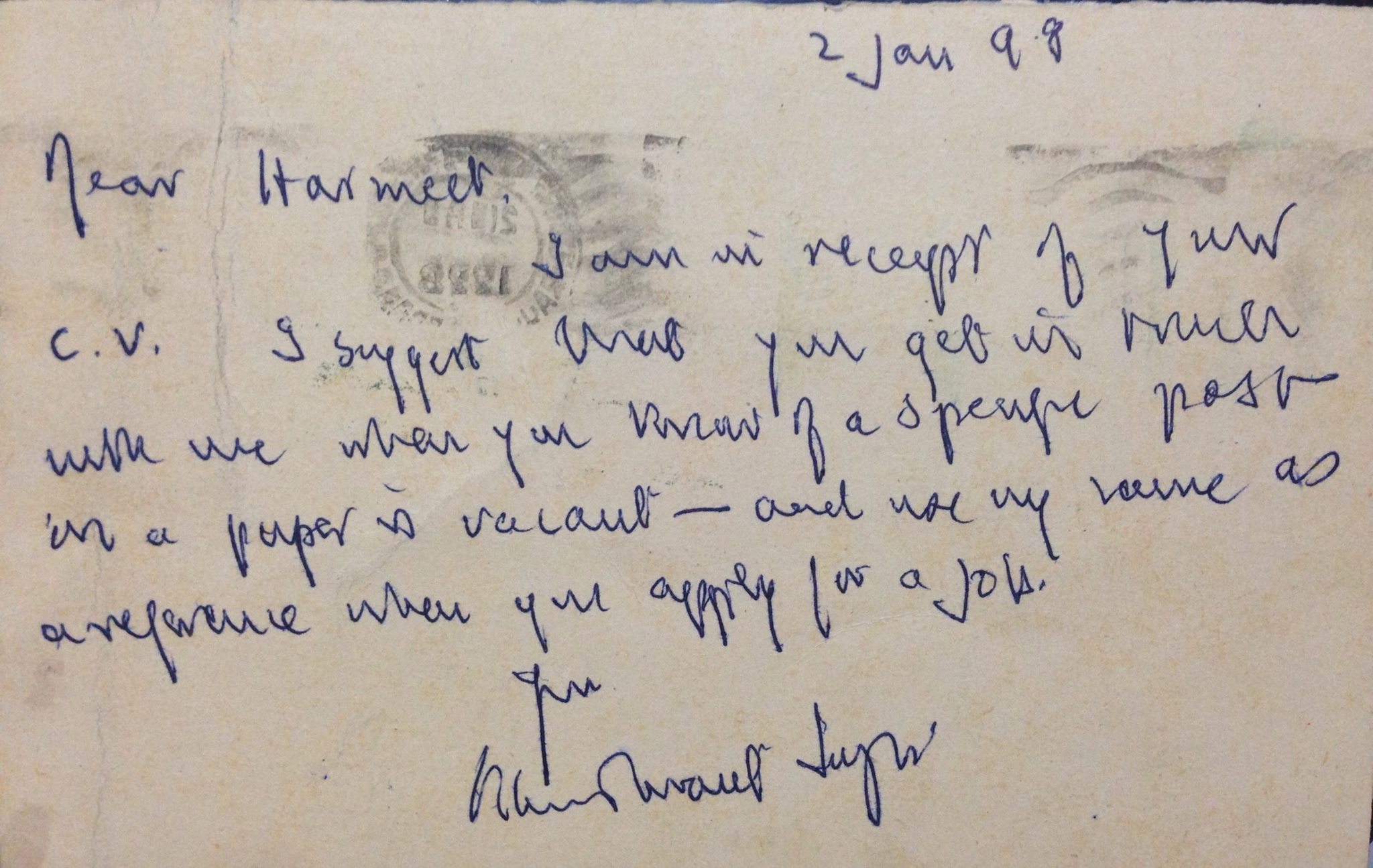 The letter Khushwant Singh wrote to Harmeet.